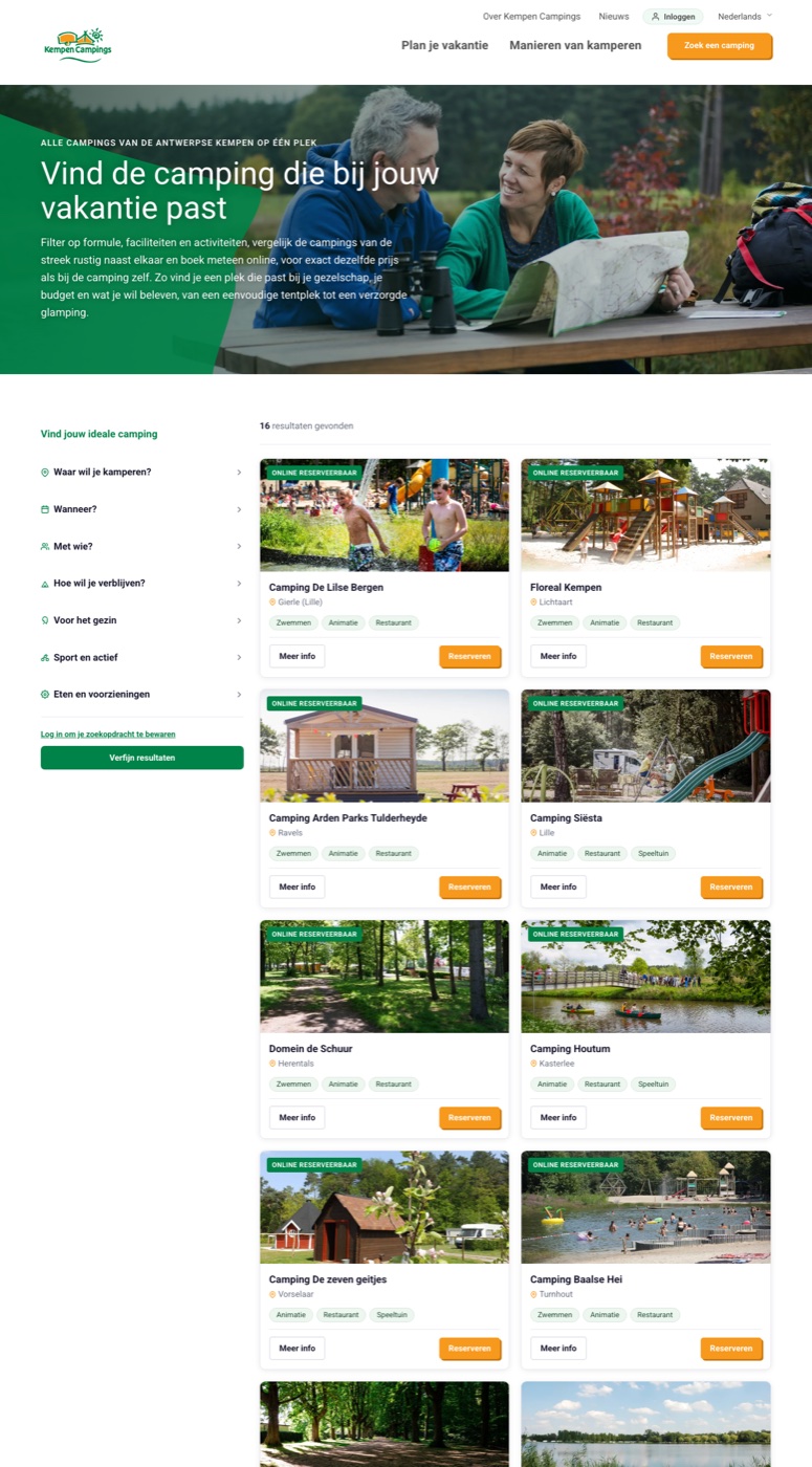 Zoeken en vergelijken over zestien campings heen