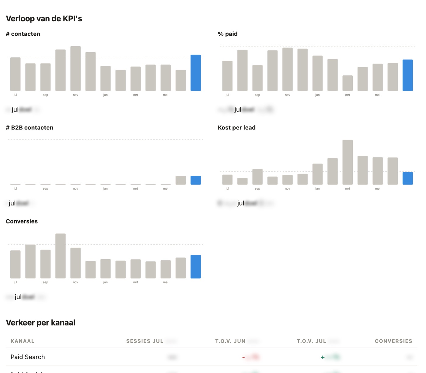 Grafieken uit een maandrapport: het verloop van vijf KPI's over twaalf maanden, met de doellijn erbij