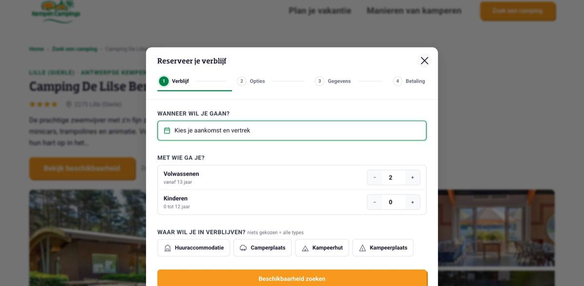 Het zoekscherm met de kaart van alle campings