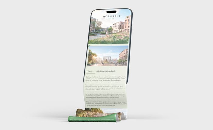 De projectwebsite die we voor Hopmarkt bouwden, getoond op een smartphone