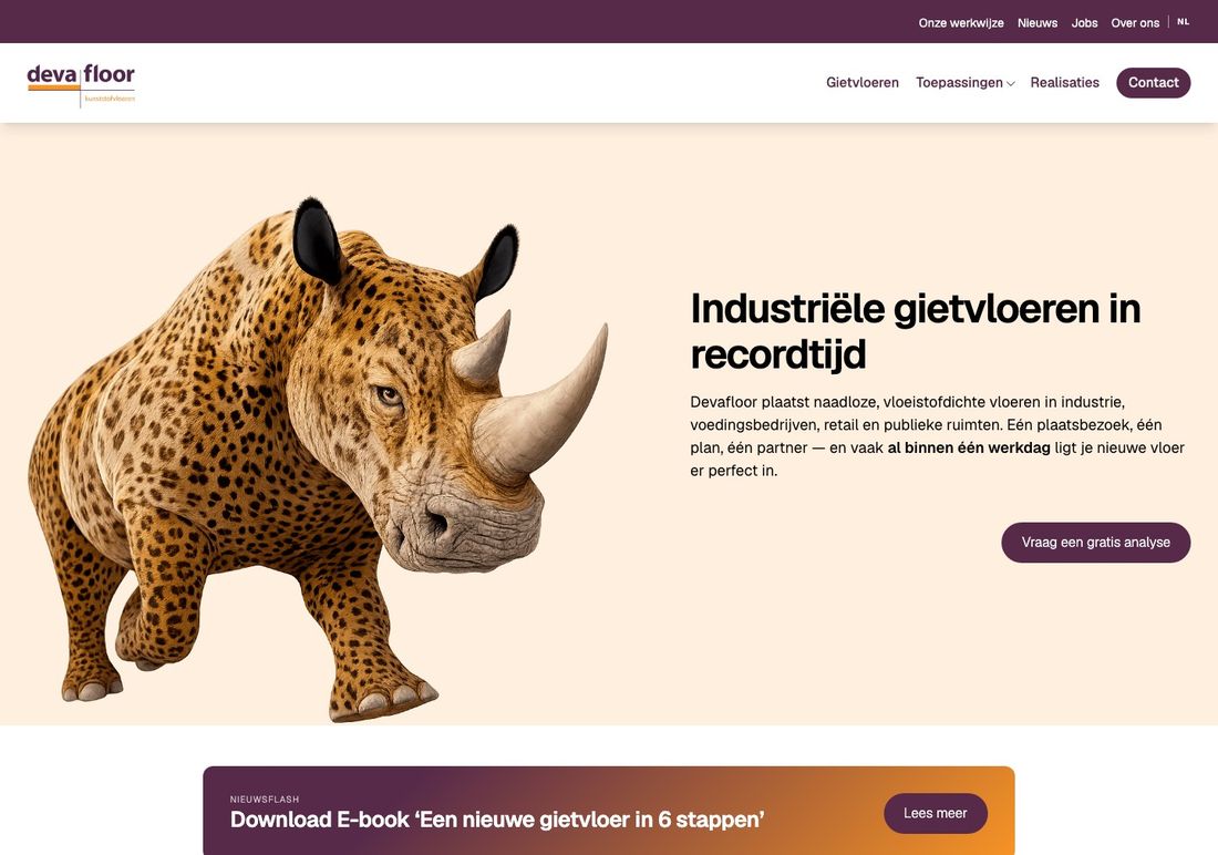 De website van Devafloor, met de offertevraag meteen in beeld