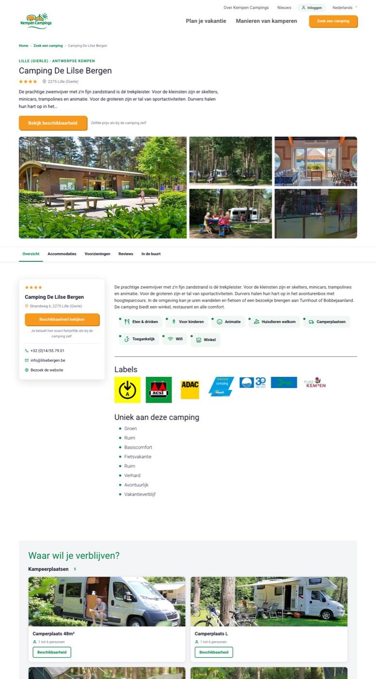 Een campingpagina op het platform van Kempen Campings