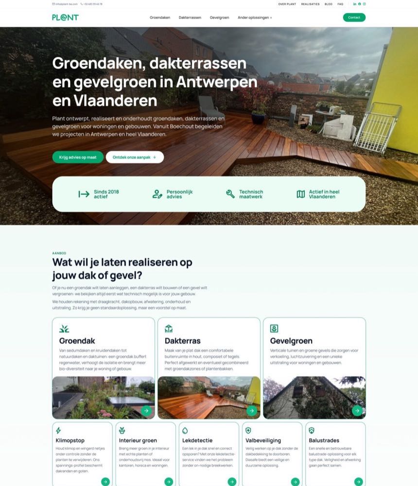 De website die we voor Pl@nt bouwden, met een pagina per dienst