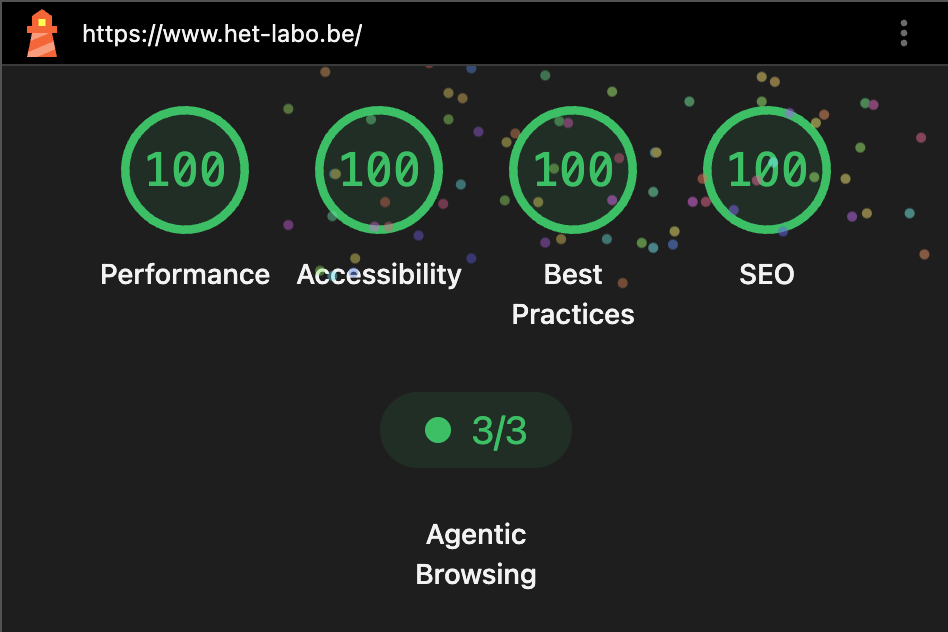Lighthouse-score van www.het-labo.be: 100 op prestaties, toegankelijkheid, best practices en SEO, en 3 op 3 voor agentic browsing