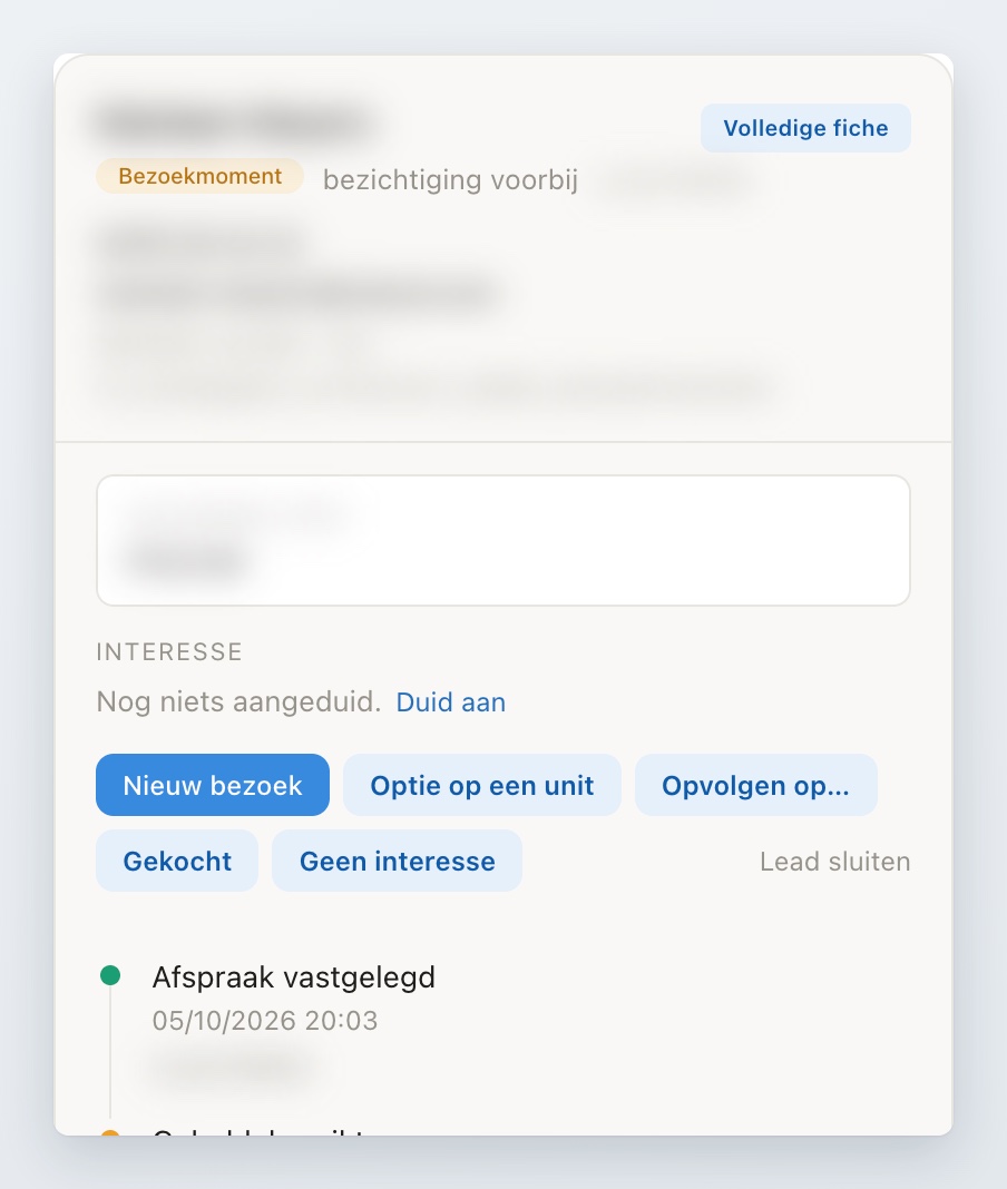 Radar: leads opvolgen zonder dat er één tussen de plooien valt De fiche van een lead na een bezichtiging, met de uitkomsten als knoppen